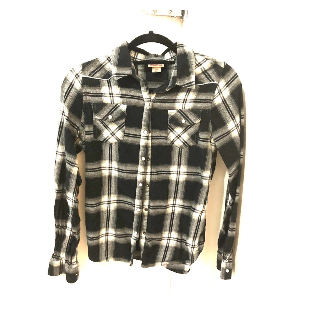 Black and white plaid collard cotton shirt